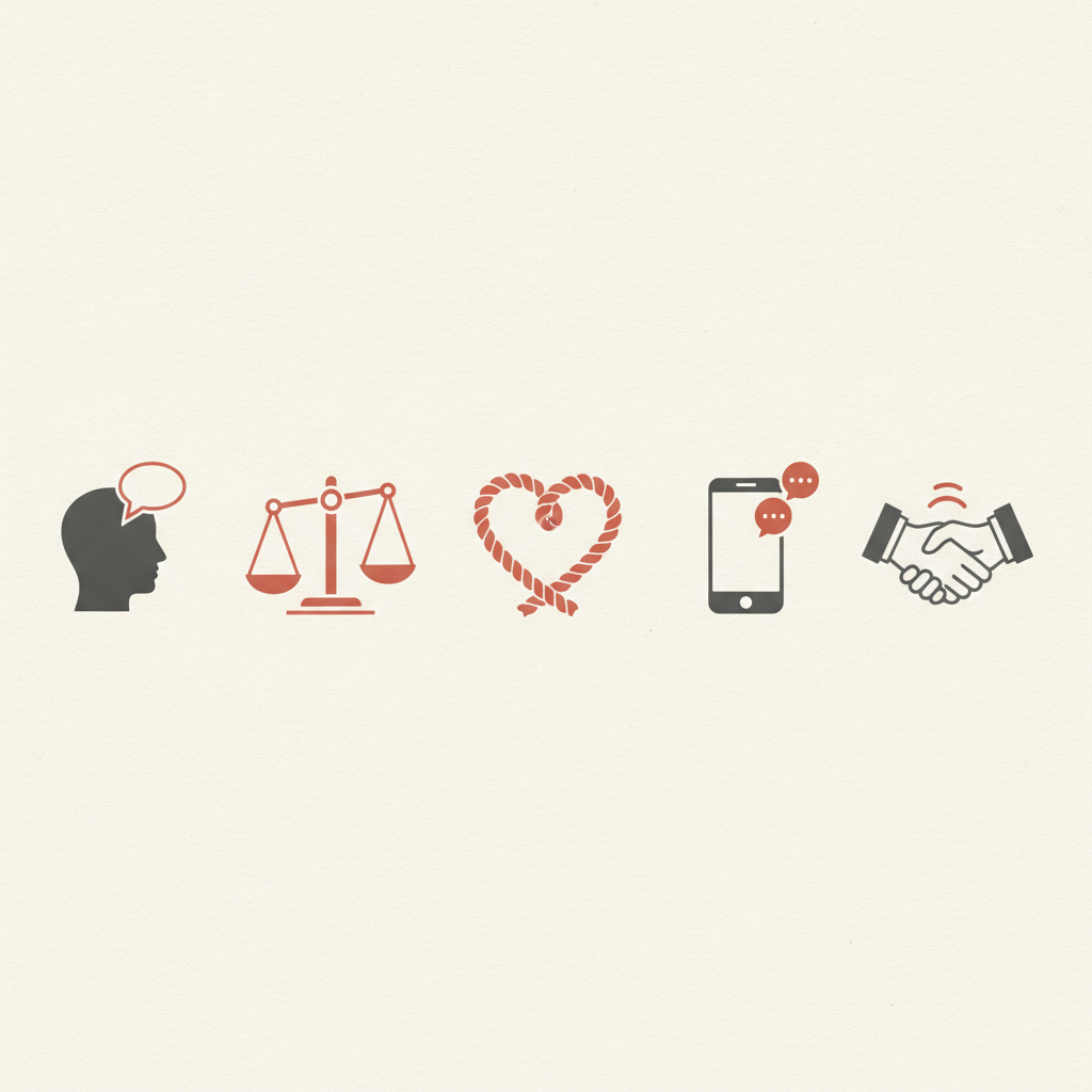 Conjunto de 5 ilustrações lineares representando comportamentos familiares que afastam os filhos