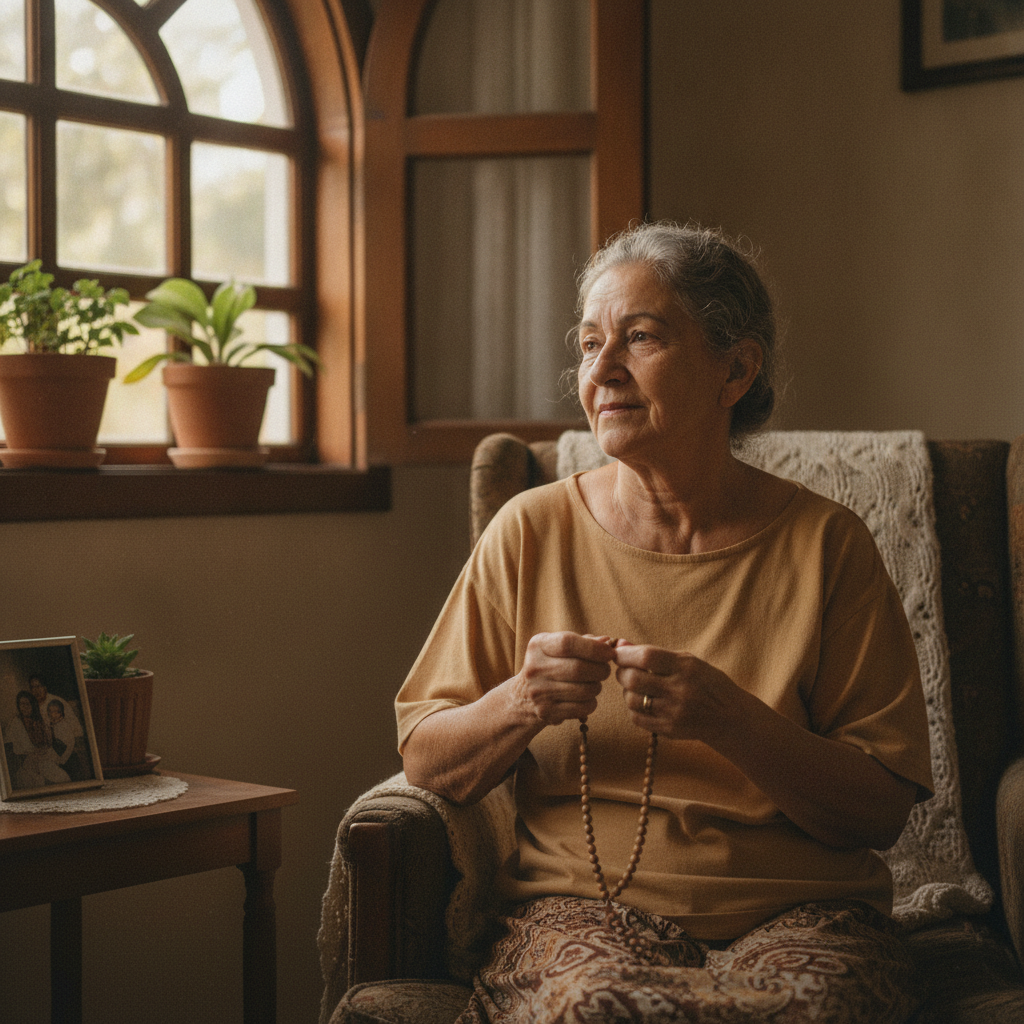 Mãe brasileira de olhar sereno e reflexivo com terço nas mãos junto à janela
