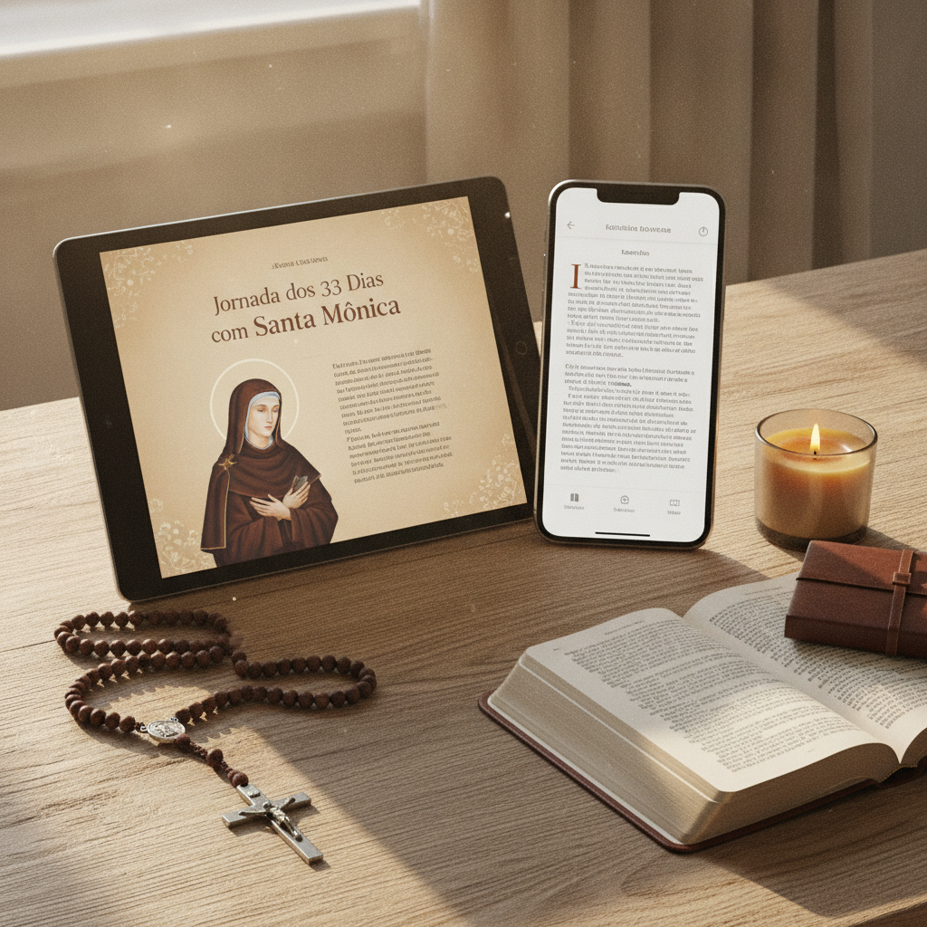 Mockup digital do livro Jornada dos 33 Dias com Santa Mônica em tablet, celular e computador sobre mesa de madeira com terço