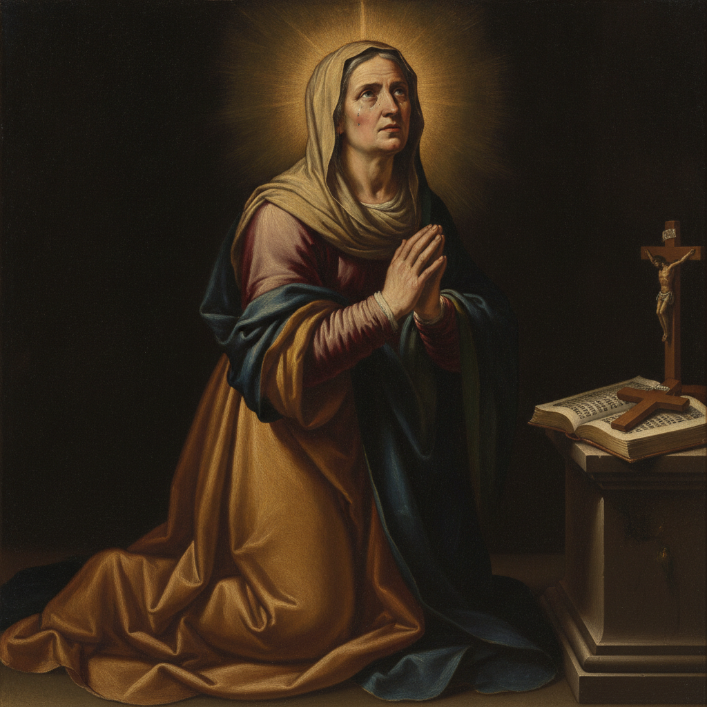 Pintura clássica de Santa Mônica de joelhos em profunda oração